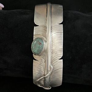 Vintage Bennie Ration Navajo Turquoise Sterling Silver Feather Cuff Bracelet